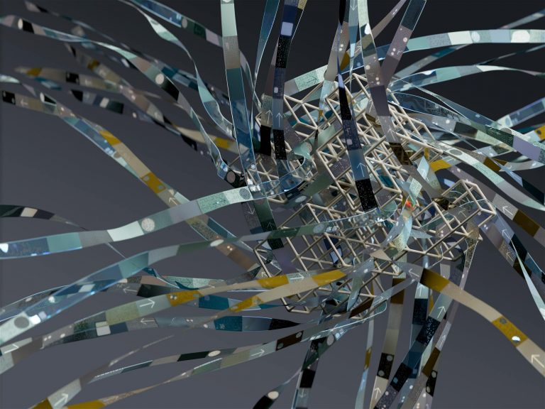 Intricate wireframe with dynamic ribbons in an abstract 3D composition.